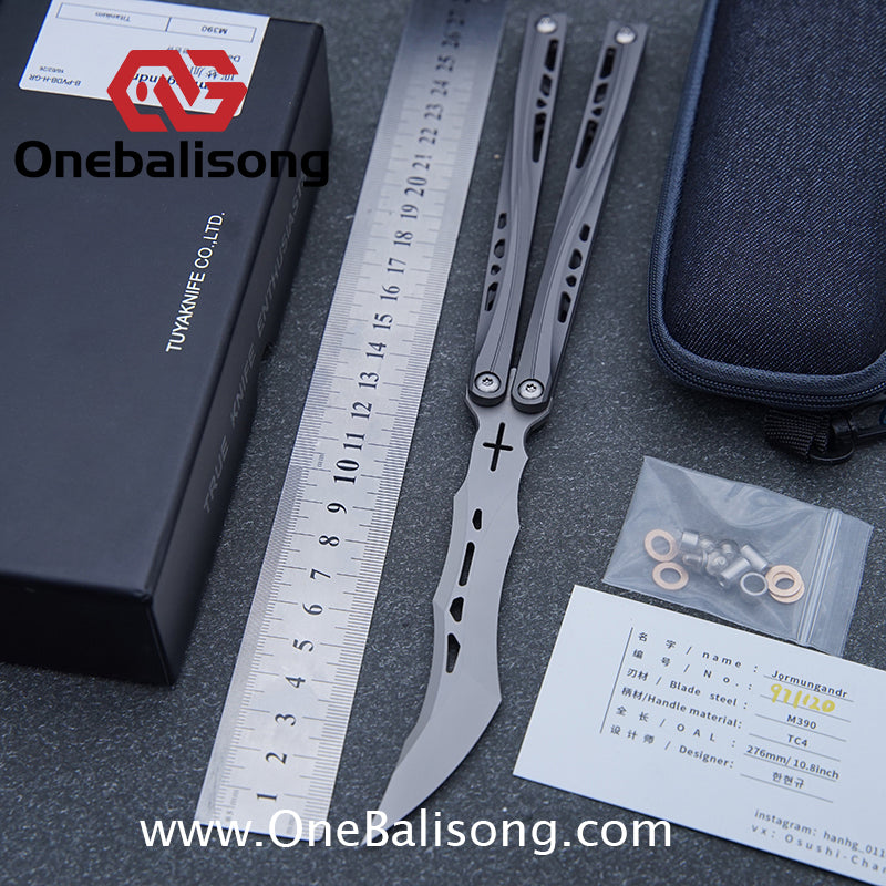 TUYAKNIFE Jormungandr Balisong TC4 Titanium Alloy Handle M390 Stainless Steel Blade Bushing
