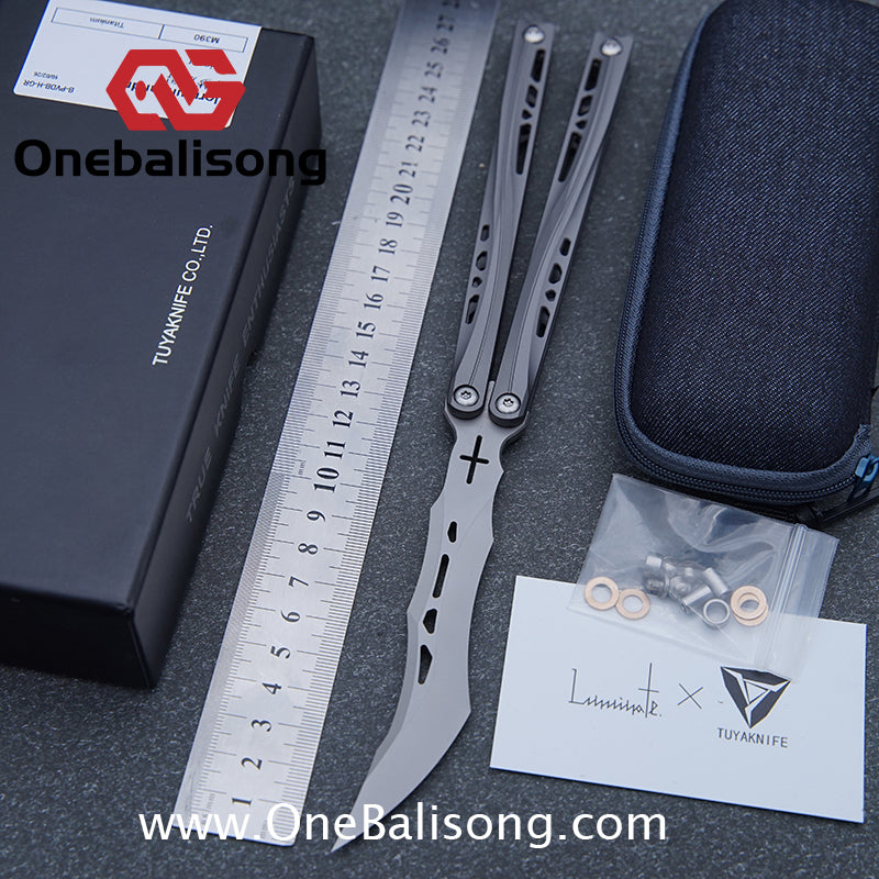 TUYAKNIFE Jormungandr Balisong TC4 Titanium Alloy Handle M390 Stainless Steel Blade Bushing