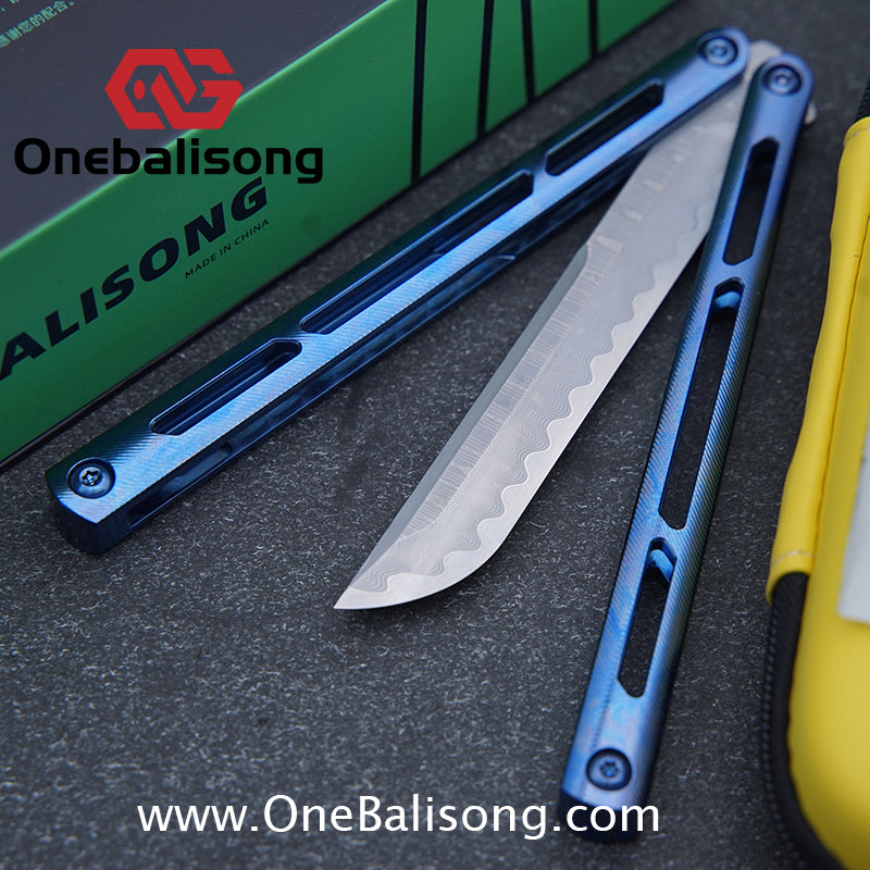 ARMED SHARK Tsunami Fake Blade Balisong Clone TC4 Titanium alloy handle Damascus stainless steel blade Bushing
