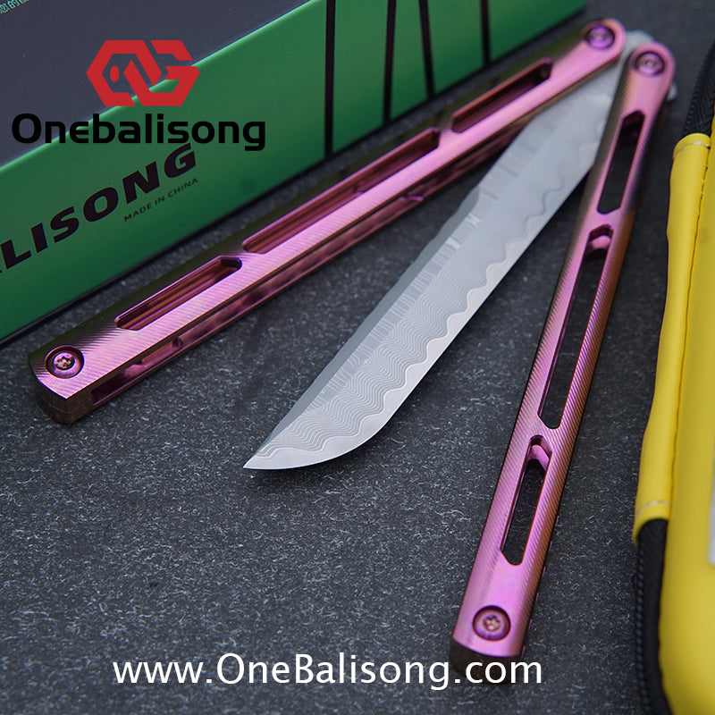 ARMED SHARK Tsunami Fake Blade Balisong Clone TC4 Titanium alloy handle Damascus stainless steel blade Bushing