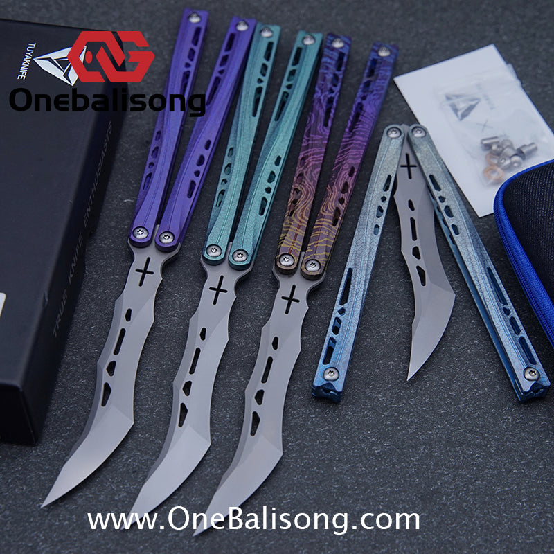 TUYAKNIFE Jormungandr Balisong TC4 Titanium Alloy Handle M390 Stainless Steel Blade Bushing