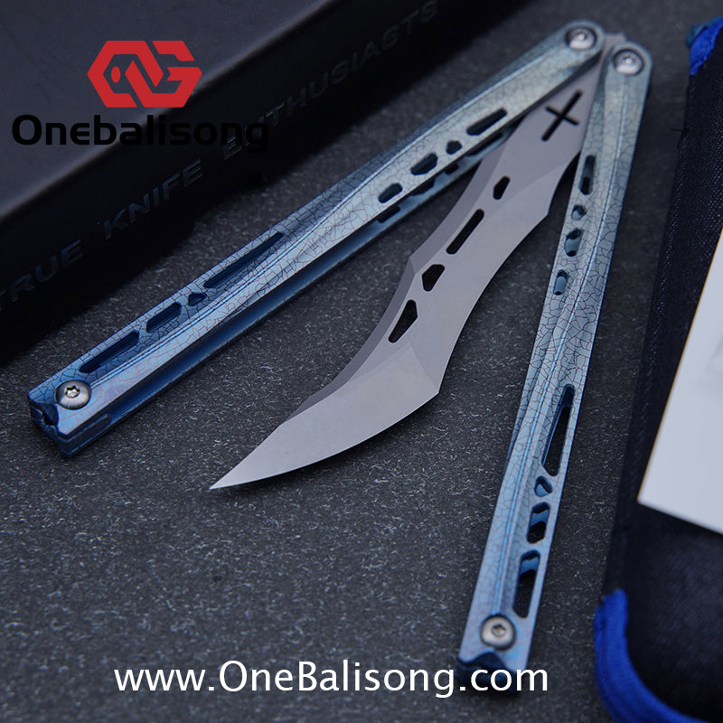 TUYAKNIFE Jormungandr Balisong TC4 Titanium Alloy Handle M390 Stainless Steel Blade Bushing
