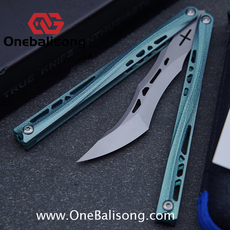TUYAKNIFE Jormungandr Balisong TC4 Titanium Alloy Handle M390 Stainless Steel Blade Bushing