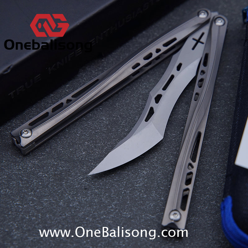 TUYAKNIFE Jormungandr Balisong TC4 Titanium Alloy Handle M390 Stainless Steel Blade Bushing