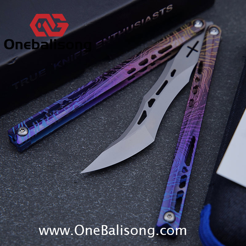 TUYAKNIFE Jormungandr Balisong TC4 Titanium Alloy Handle M390 Stainless Steel Blade Bushing