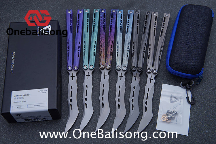 TUYAKNIFE Jormungandr Balisong TC4 Titanium Alloy Handle M390 Stainless Steel Blade Bushing
