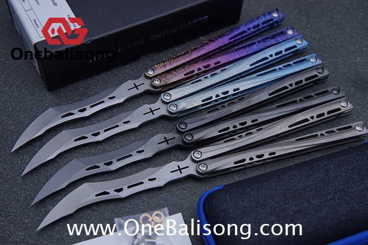 TUYAKNIFE Jormungandr Balisong TC4 Titanium Alloy Handle M390 Stainless Steel Blade Bushing