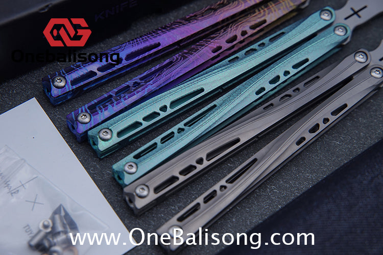 TUYAKNIFE Jormungandr Balisong TC4 Titanium Alloy Handle M390 Stainless Steel Blade Bushing