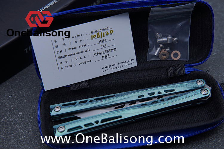 TUYAKNIFE Jormungandr Balisong TC4 Titanium Alloy Handle M390 Stainless Steel Blade Bushing