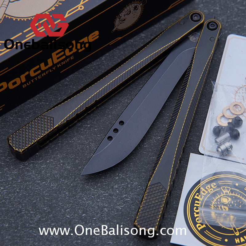 Porcuedge Drum Tide Original Balisong 7075 Aluminium Alloy Handle Japan aus10 Stainless Steel Blade Bushing