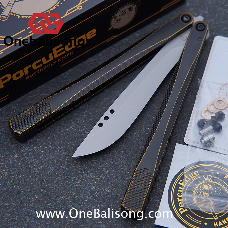 Porcuedge Drum Tide Original Balisong 7075 Aluminium Alloy Handle Japan aus10 Stainless Steel Blade Bushing