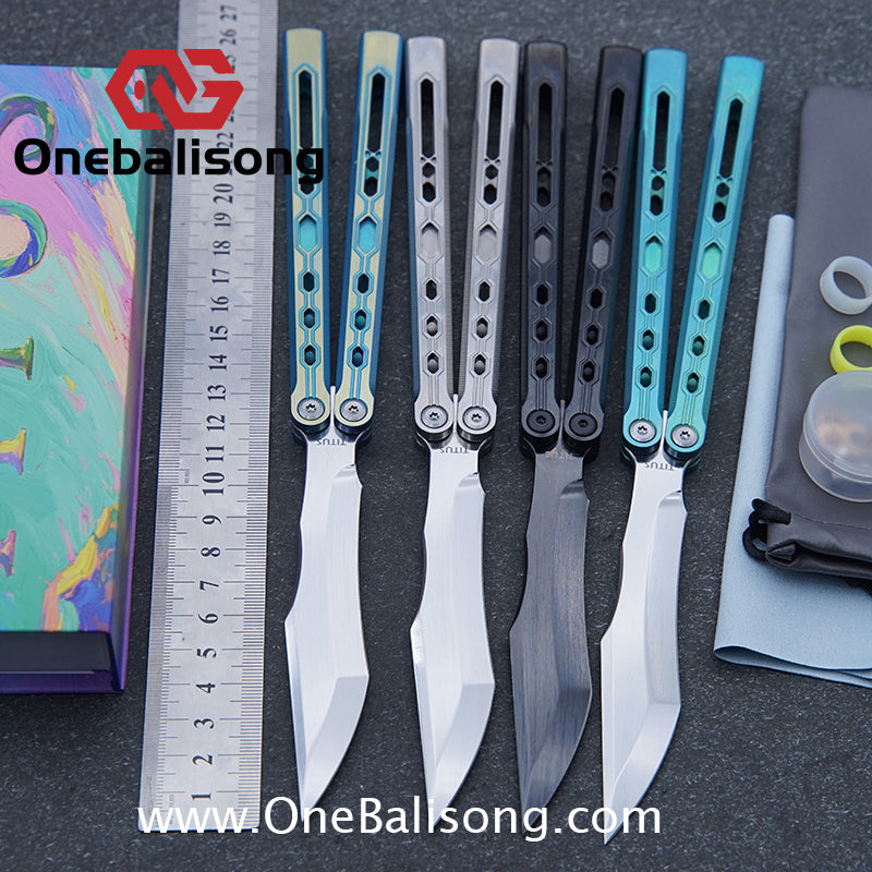 TITUS Mirror Original Balisong TC4 Titanium Alloy Handle 14C28N Stainless Steel Fake Blade Bushing