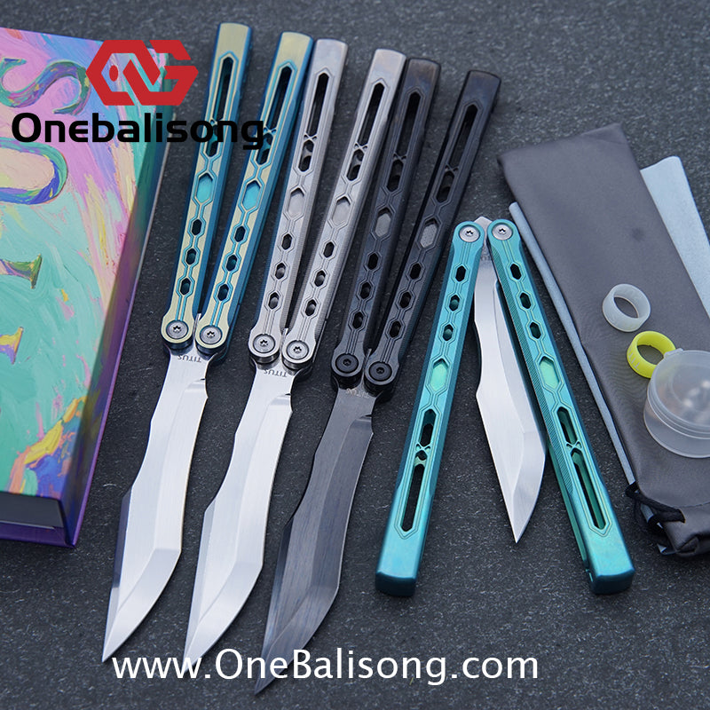 TITUS Mirror Original Balisong TC4 Titanium Alloy Handle 14C28N Stainless Steel Fake Blade Bushing