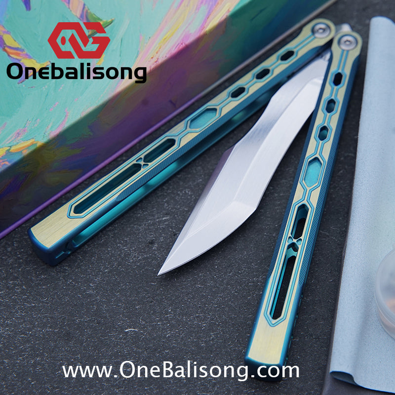 TITUS Mirror Original Balisong TC4 Titanium Alloy Handle 14C28N Stainless Steel Fake Blade Bushing