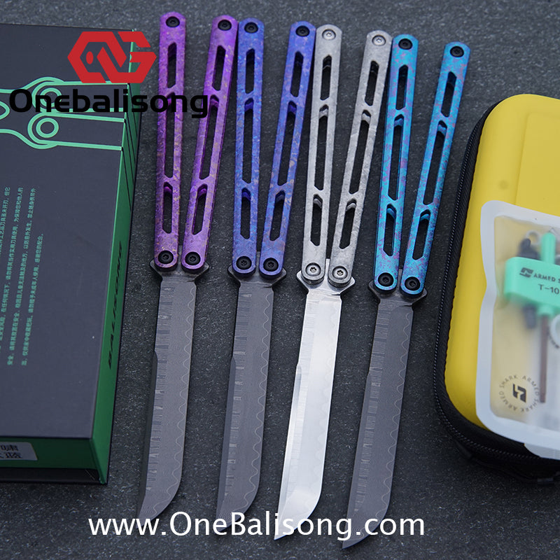 ARMED SHARK Tsunami Fake Blade Balisong Clone Ice crystal titanium alloy/TC4 Titanium alloy handle Damascus stainless steel blade Bushing