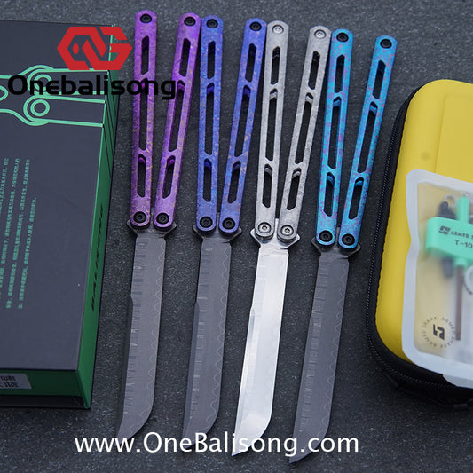 ARMED SHARK Tsunami Fake Blade Balisong Clone Ice crystal titanium alloy/TC4 Titanium alloy handle Damascus stainless steel blade Bushing