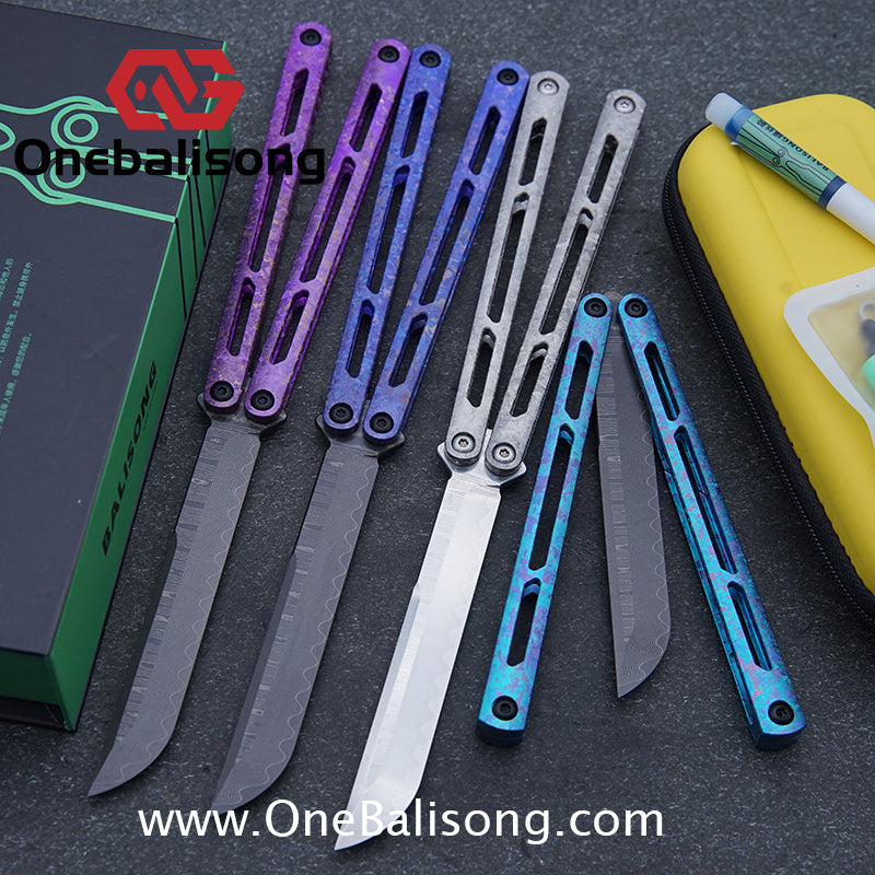 ARMED SHARK Tsunami Fake Blade Balisong Clone Ice crystal titanium alloy/TC4 Titanium alloy handle Damascus stainless steel blade Bushing