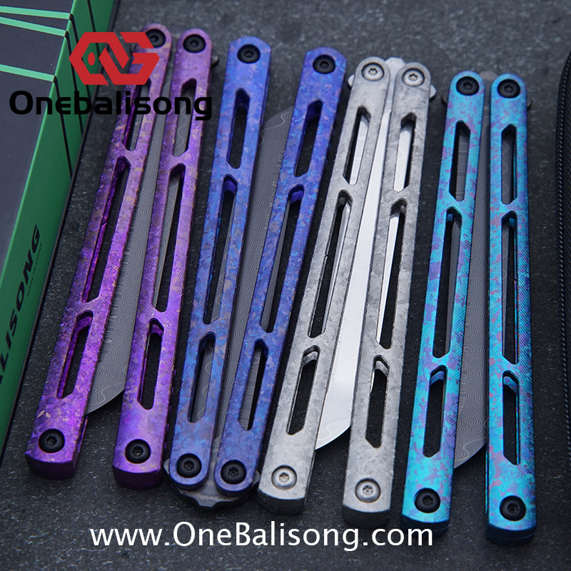 ARMED SHARK Tsunami Fake Blade Balisong Clone Ice crystal titanium alloy/TC4 Titanium alloy handle Damascus stainless steel blade Bushing