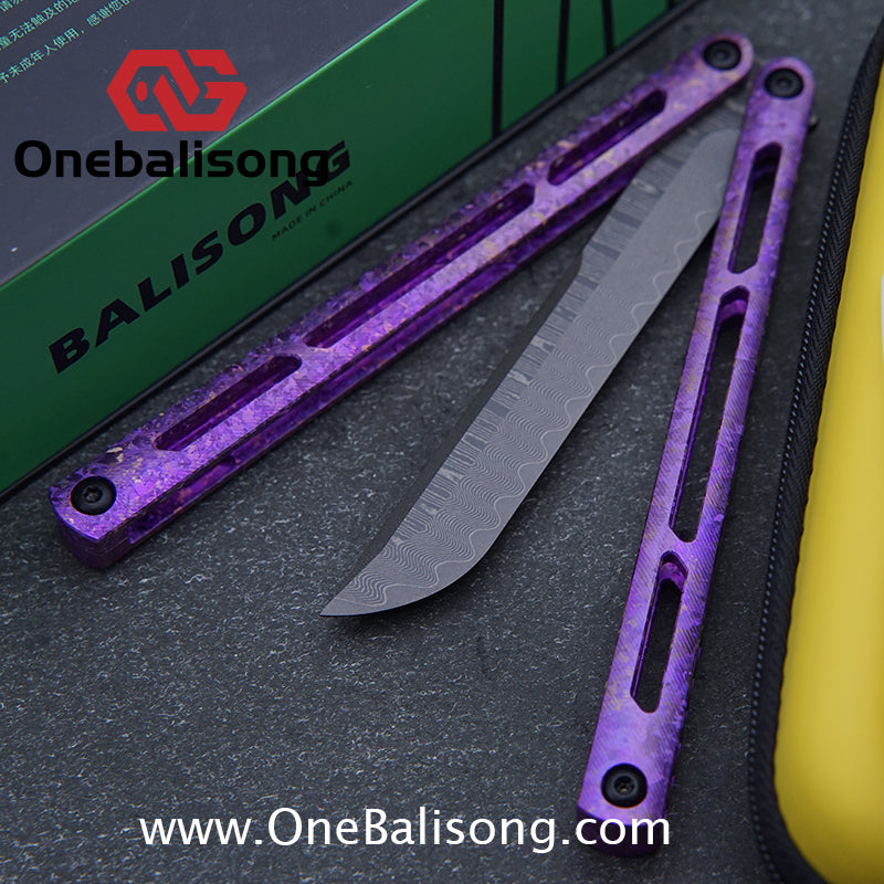 ARMED SHARK Tsunami Fake Blade Balisong Clone Ice crystal titanium alloy/TC4 Titanium alloy handle Damascus stainless steel blade Bushing