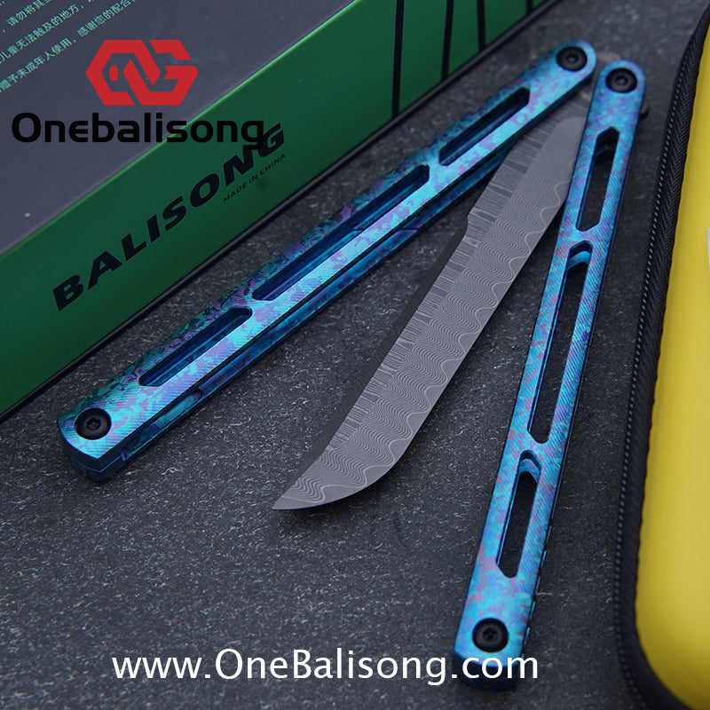ARMED SHARK Tsunami Fake Blade Balisong Clone Ice crystal titanium alloy/TC4 Titanium alloy handle Damascus stainless steel blade Bushing