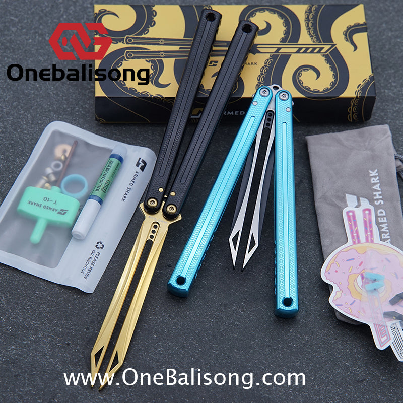 ARMED SHARK Glide Kraken Version Balisong clone Damascus fake blade/Trainer Seven series aluminum alloy handle stainless steel  blade Bushings