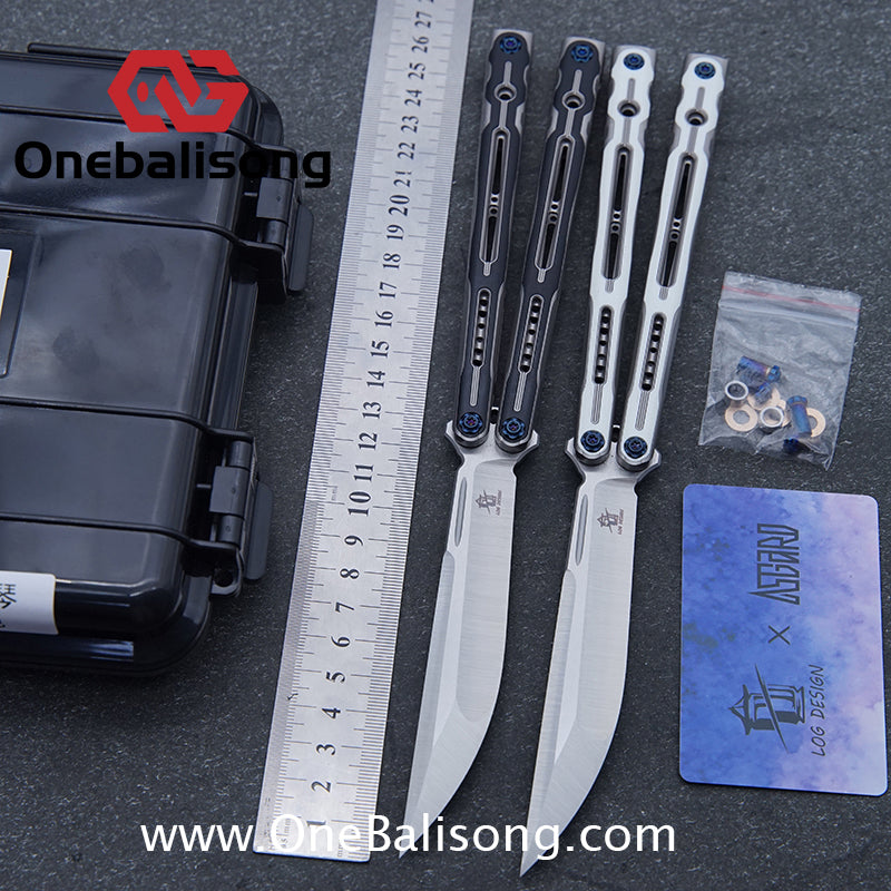 Log & Asgard Titanium Lyra Balisong Titanium Alloy Handle G10 paster Stainless Steel Fake Blade Sandwich Structure Bushing