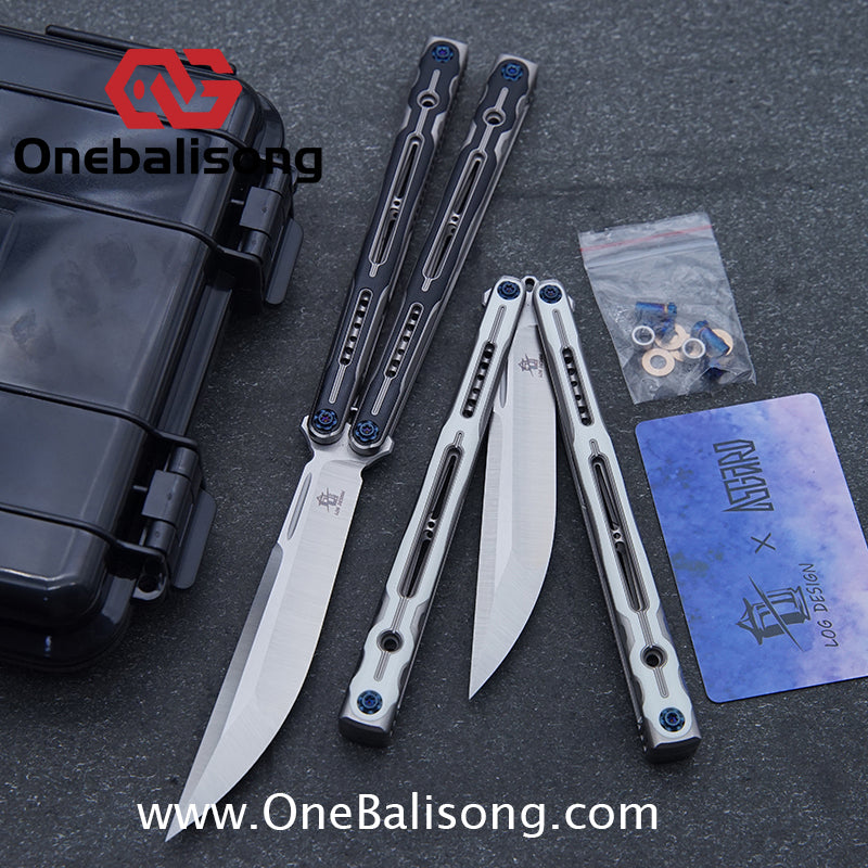 Log & Asgard Titanium Lyra Balisong Titanium Alloy Handle G10 paster Stainless Steel Fake Blade Sandwich Structure Bushing