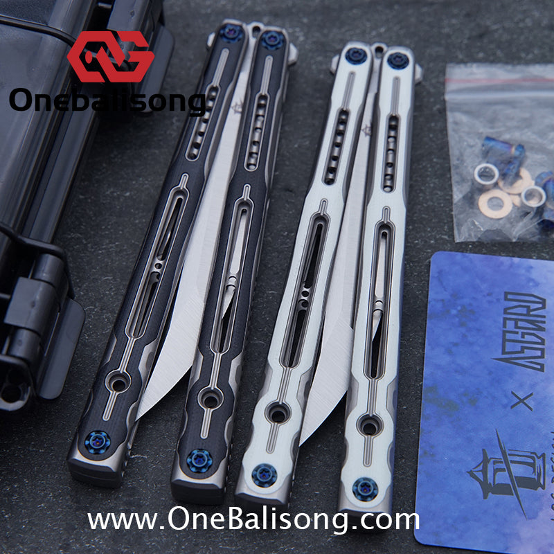 Log & Asgard Titanium Lyra Balisong Titanium Alloy Handle G10 paster Stainless Steel Fake Blade Sandwich Structure Bushing