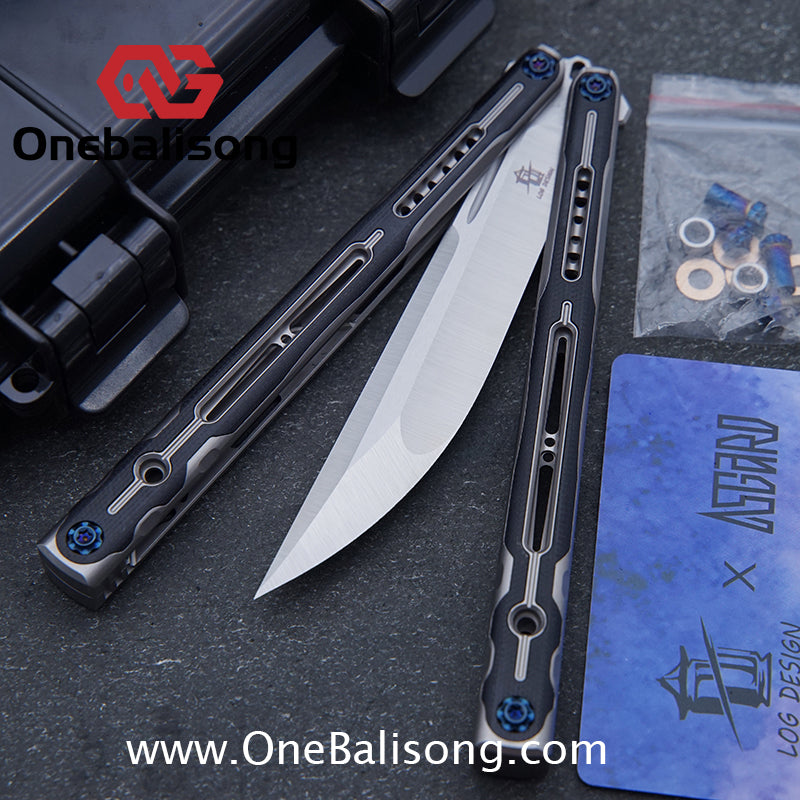Log & Asgard Titanium Lyra Balisong Titanium Alloy Handle G10 paster Stainless Steel Fake Blade Sandwich Structure Bushing