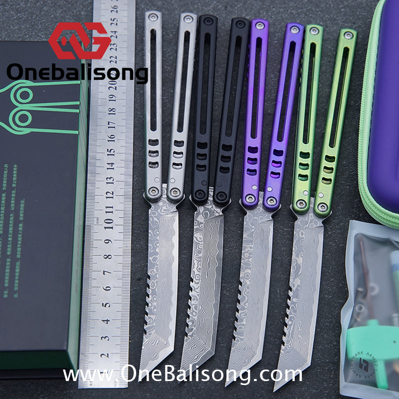 Armed Shark Titanium Madko Balisong Clone TC4 Titanium Handle Stainless Steel Trainer/Damascus Fake Blade