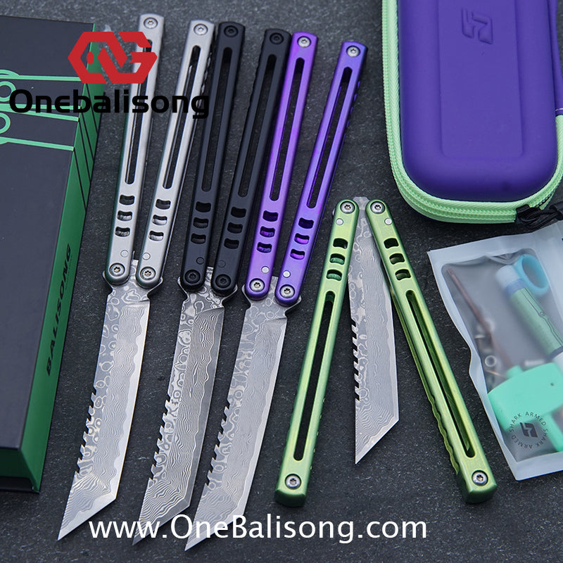 Armed Shark Titanium Madko Balisong Clone TC4 Titanium Handle Stainless Steel Trainer/Damascus Fake Blade
