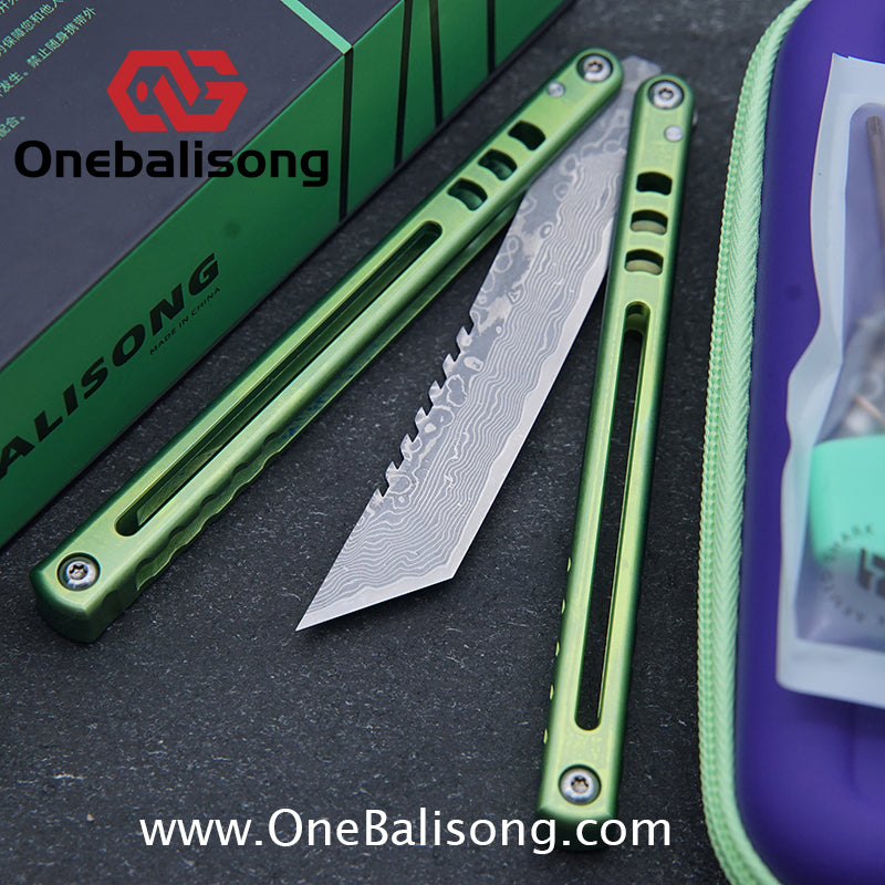 Armed Shark Titanium Madko Balisong Clone TC4 Titanium Handle Stainless Steel Trainer/Damascus Fake Blade