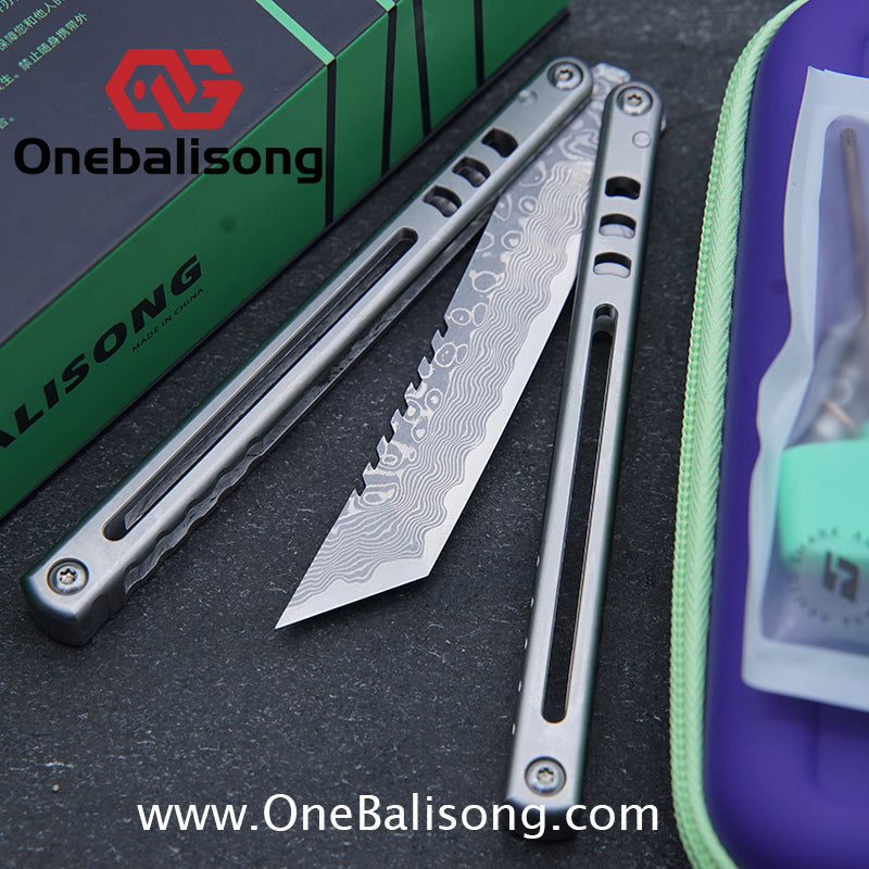 Armed Shark Titanium Madko Balisong Clone TC4 Titanium Handle Stainless Steel Trainer/Damascus Fake Blade
