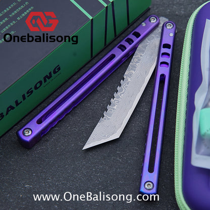 Armed Shark Titanium Madko Balisong Clone TC4 Titanium Handle Stainless Steel Trainer/Damascus Fake Blade