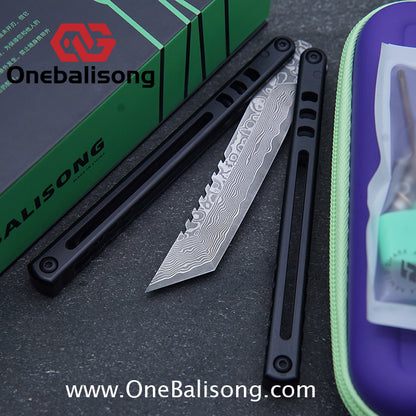 Armed Shark Titanium Madko Balisong Clone TC4 Titanium Handle Stainless Steel Trainer/Damascus Fake Blade