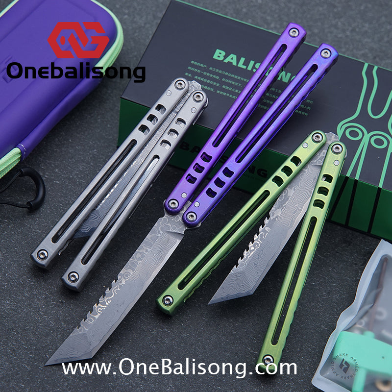Armed Shark Titanium Madko Balisong Clone TC4 Titanium Handle Stainless Steel Trainer/Damascus Fake Blade