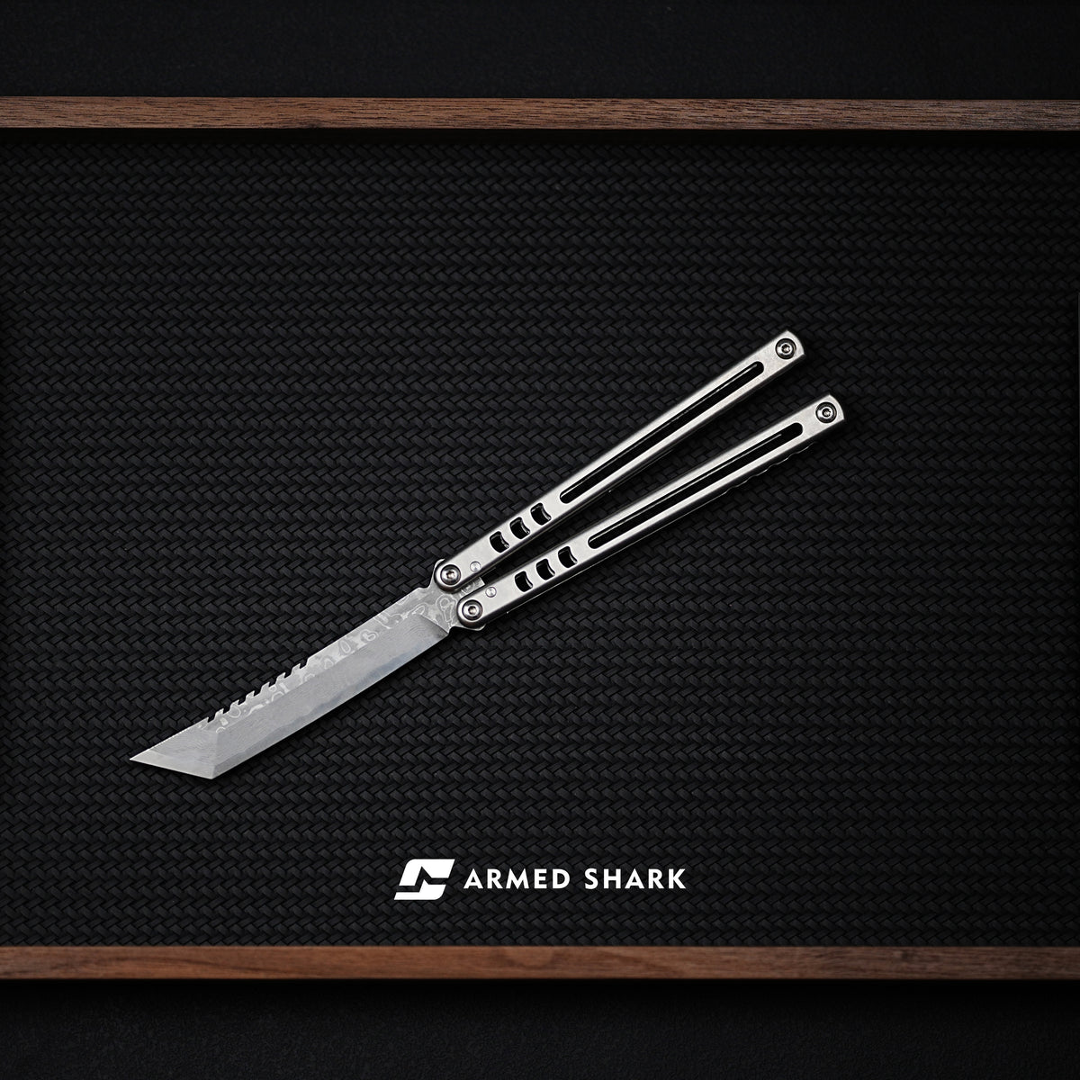 Armed Shark Titanium Madko Balisong Clone TC4 Titanium Handle Stainless Steel Trainer/Damascus Fake Blade