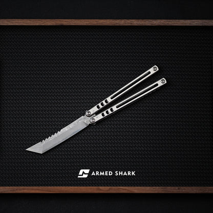 Armed Shark Titanium Madko Balisong Clone TC4 Titanium Handle Stainless Steel Trainer/Damascus Fake Blade