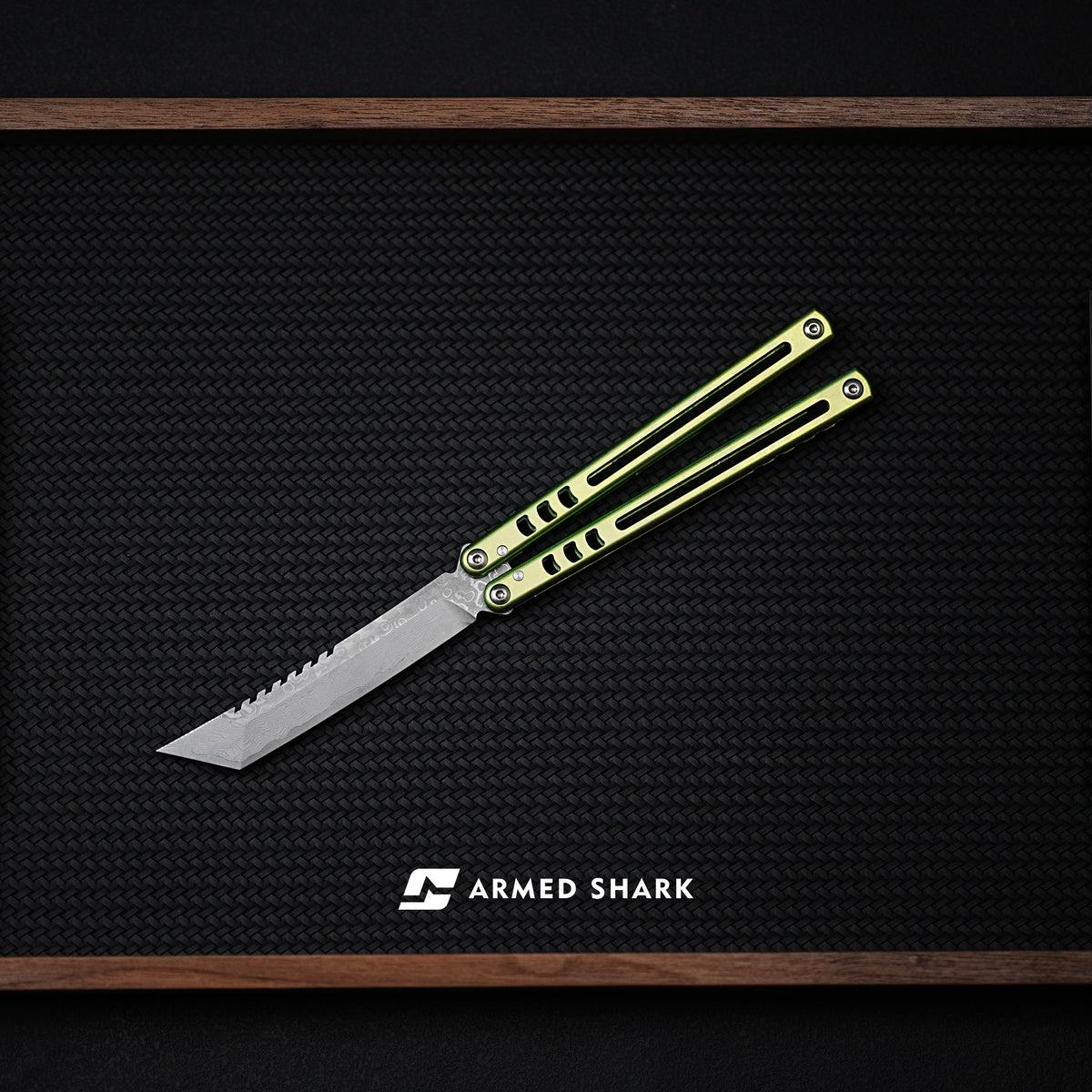 Armed Shark Titanium Madko Balisong Clone TC4 Titanium Handle Stainless Steel Trainer/Damascus Fake Blade
