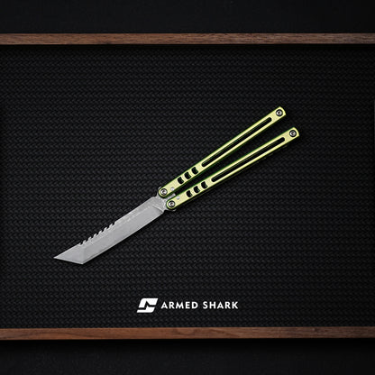 Armed Shark Titanium Madko Balisong Clone TC4 Titanium Handle Stainless Steel Trainer/Damascus Fake Blade