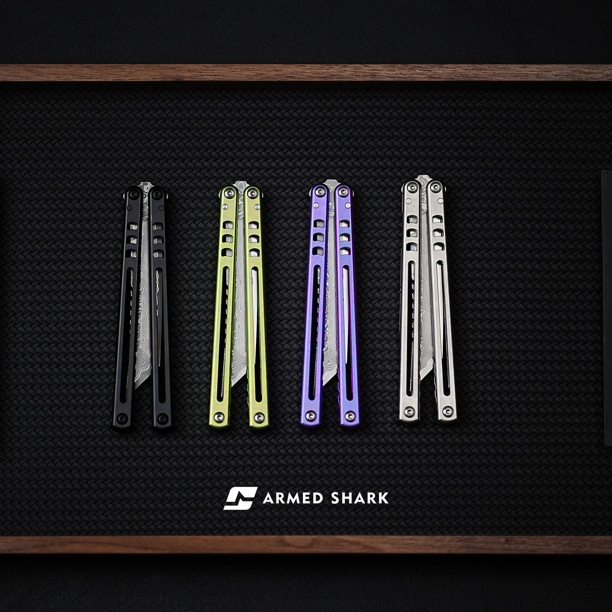 Armed Shark Titanium Madko Balisong Clone TC4 Titanium Handle Stainless Steel Trainer/Damascus Fake Blade