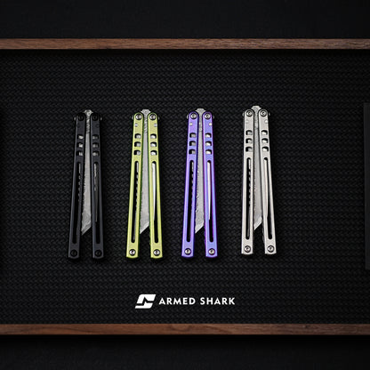 Armed Shark Titanium Madko Balisong Clone TC4 Titanium Handle Stainless Steel Trainer/Damascus Fake Blade