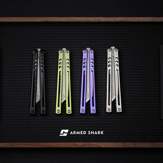 Armed Shark Titanium Madko Balisong Clone Titanium Handle Stainless Steel Trainer/Damascus Fake Blade