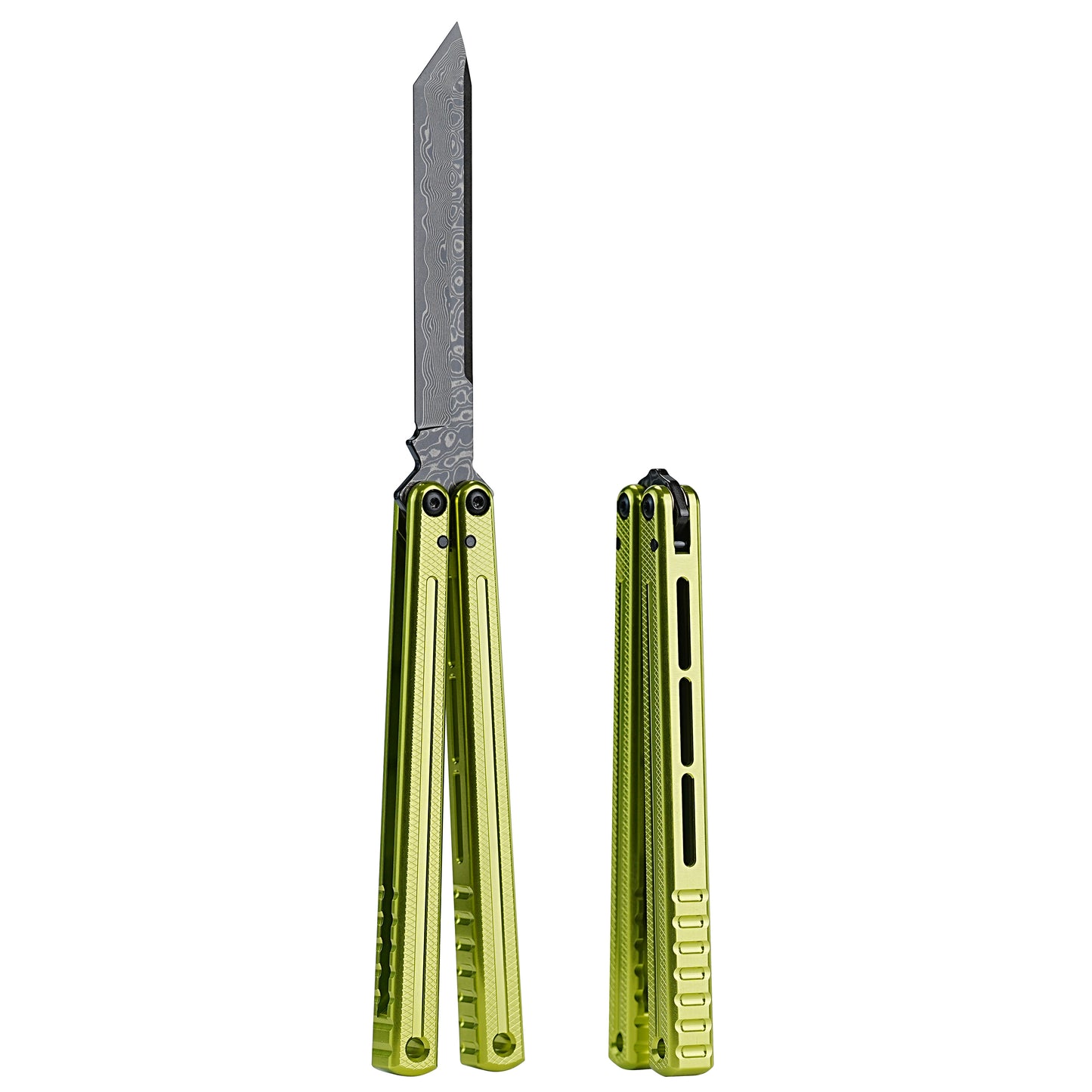 ARMED SHARK Glide Kraken Version Balisong clone Damascus fake blade/Trainer Seven series aluminum alloy handle stainless steel  blade Bushings
